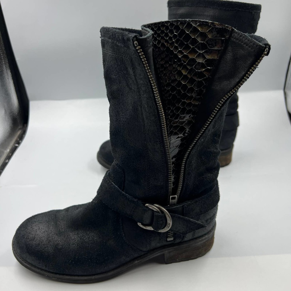 UGG Silva Black Snake Gusset Full Zip Suede Leather Heeled Lined Women's Size 8 - Picture 2 of 7